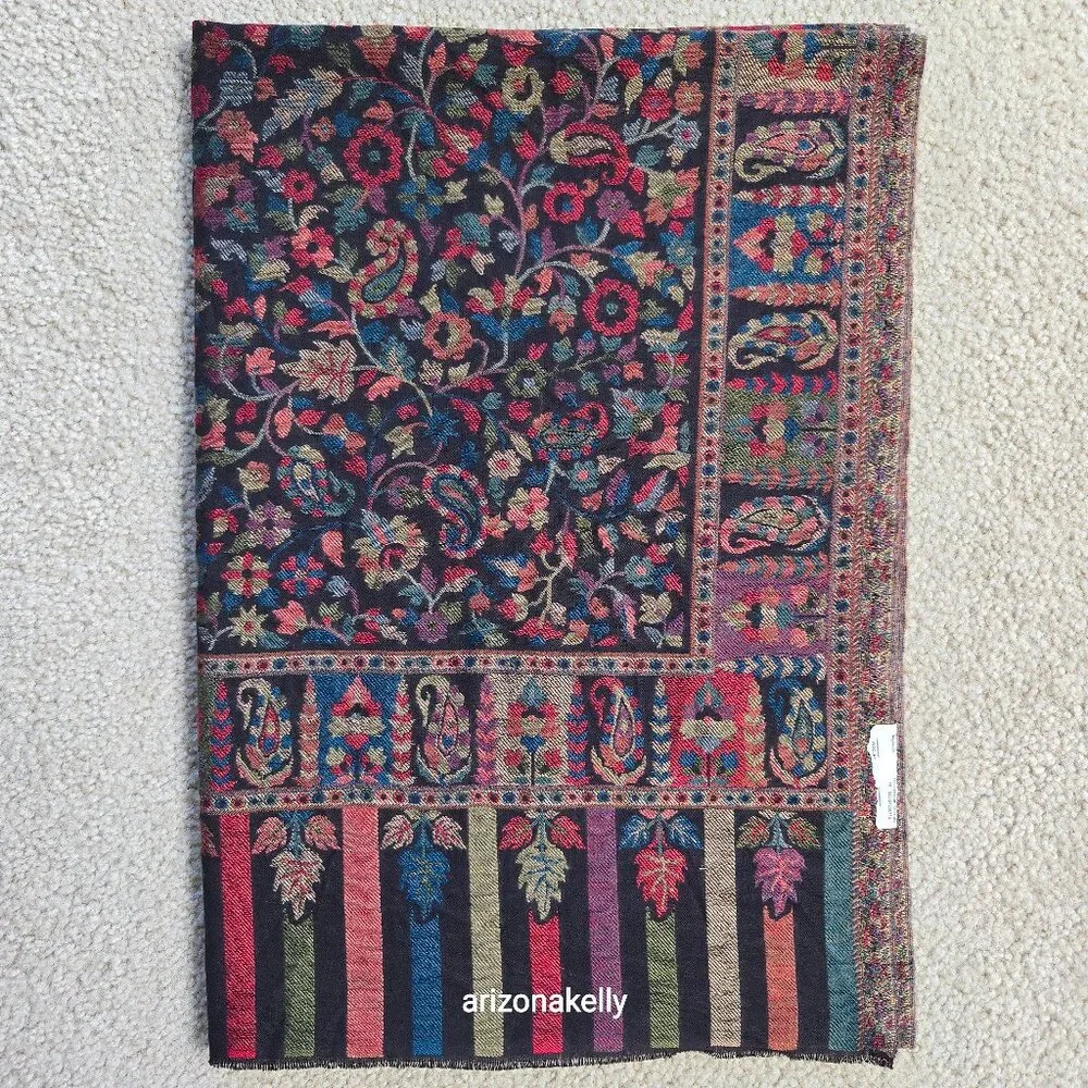 NWT Wool Scarf Jacquard Embroidered Colorful Mrignayani